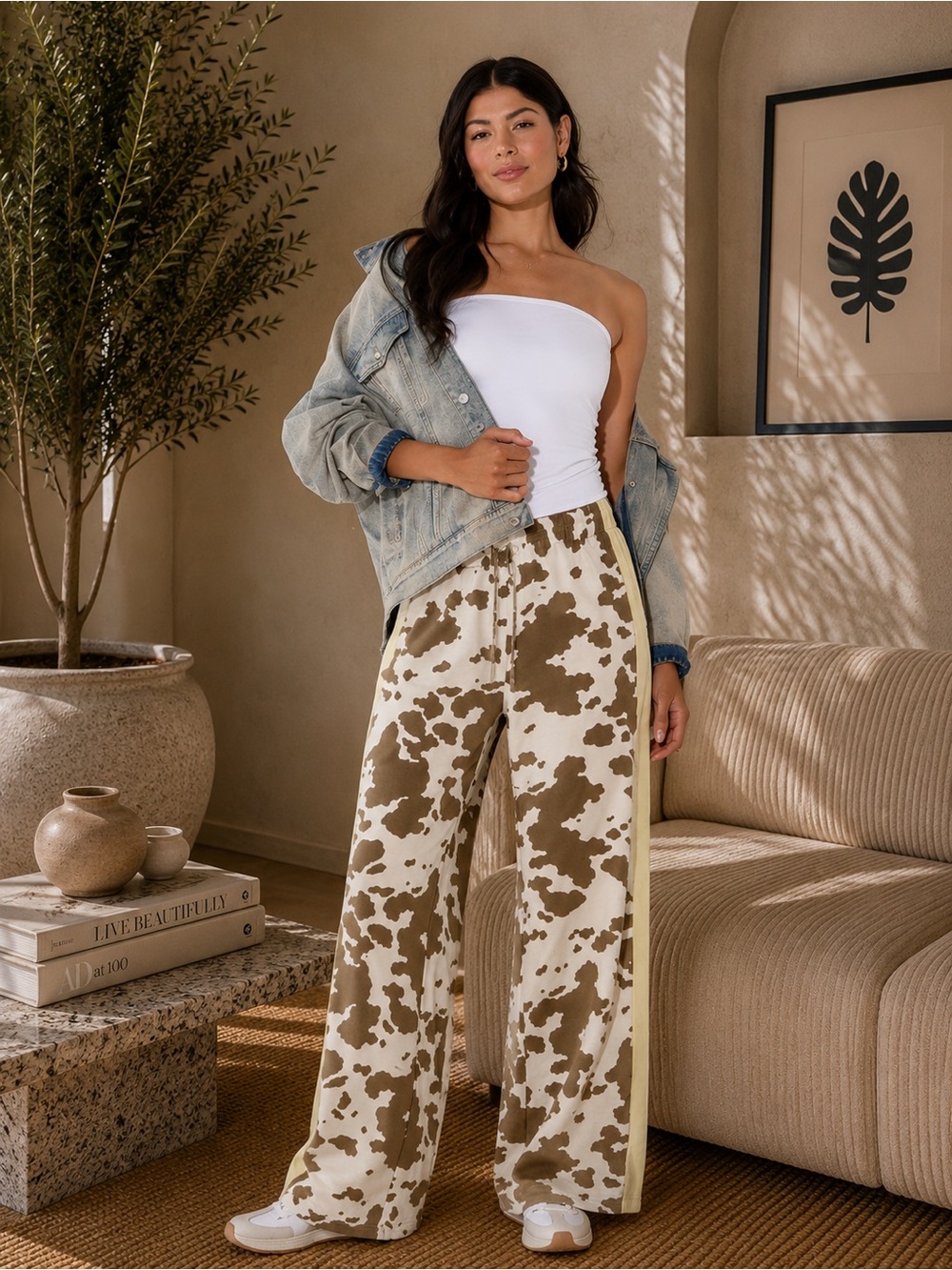 Grayson Threads Wide Leg Cowprint Jogging Pants in Brown & White - Picture 1 of 11